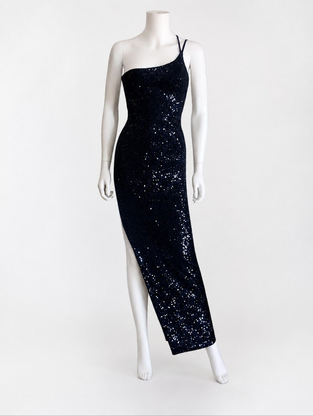 NOOKIE | One Shoulder Black Sequin Maxi Gown XS Slit Evening Formal Dress